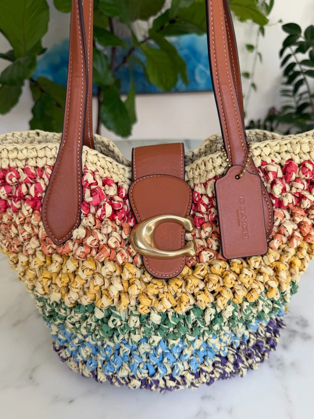 Coach Tabby Rainbow Stripe Straw Small Tote Shoulder Bag CJ641